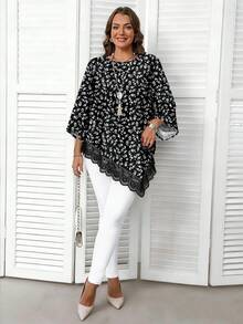EMERY ROSE Camicetta larga da donna stile casual vacanziero, con stampa floreale ditsy nera, patchwork in pizzo e orlo irregolare, adatta per primavera/autunno, taglie comode - Multicolore - Visualizzare 4