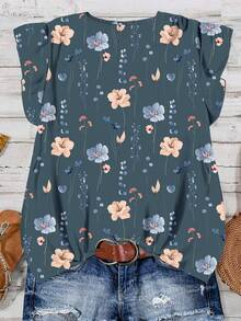 EMERY ROSE Kemeja Kasual Minimalis Motif Bunga Pink & Biru Ukuran Besar, Cocok untuk Musim Panas dan Gugur - MultiWarna - View 2