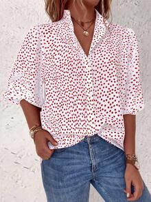 EMERY ROSE Plus Size Women's Lantern Sleeve Floral Print Blouse Women Shirt - Red and White - View 1
