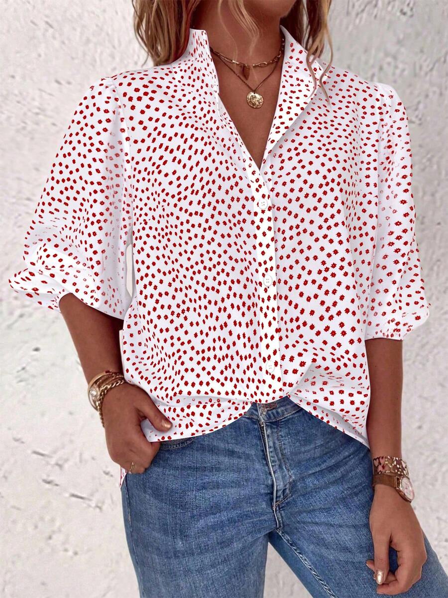 EMERY ROSE Plus Size Women's Lantern Sleeve Floral Print Blouse Women Shirt - Red and White - View 1