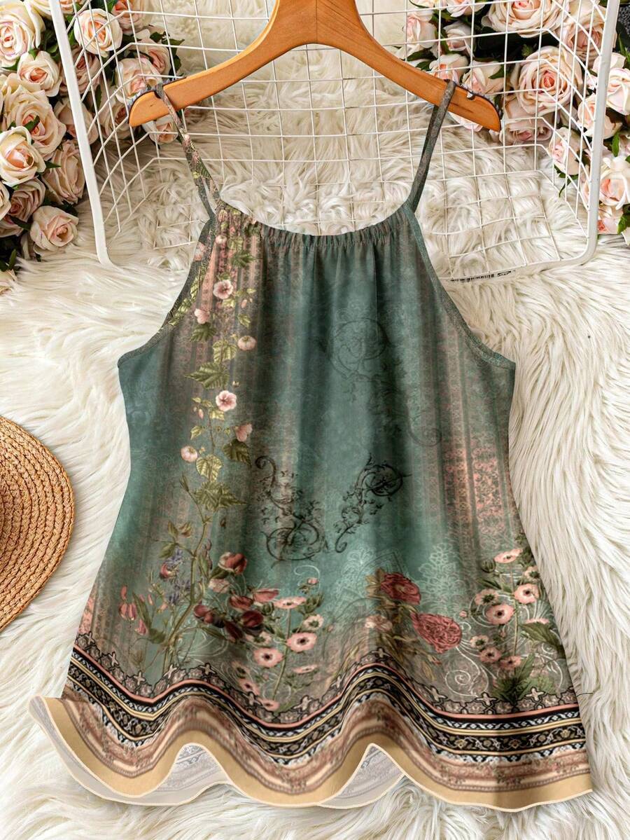 SHEIN LUNE 大码女式夏季波西米亚风母亲节女式欧式优雅花卉图案复古印花吊带衫 - 綠色 - 查看 1
