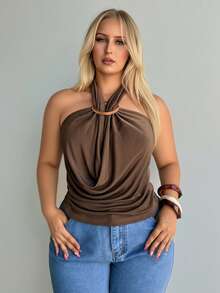 Auralis 大码性感纯色露背吊带上衣，夏季 - 棕色 - 查看 4