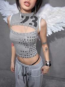 ROMWE Avant Top corto con estampado digital en inglés, remaches y diseño hueco sexy retro para mujer - Gris - Ver 4