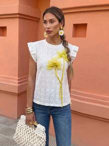 Flora Isola Flora Isola Áo thun nữ cổ tròn, tay ngắn thanh lịch, họa tiết hoa 3D, chất liệu vải jacquard dệt nổi, thích hợp mặc hàng ngày, công sở và đi nghỉ mát, mùa xuân/hè. - Màu be - Xem 4