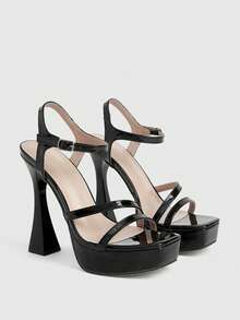 CUCCOO LuxiPop Women's High-Heeled Sandals, Black, Thick Heel Open-Toe Cross With Stylish Simple Sandals, Sexy Dating, Nightclub Party Style, Suitable For Spring And Summer, Vacation Wear, Travel Must-Have, 2000's Style - Dark Ink Black - View 3