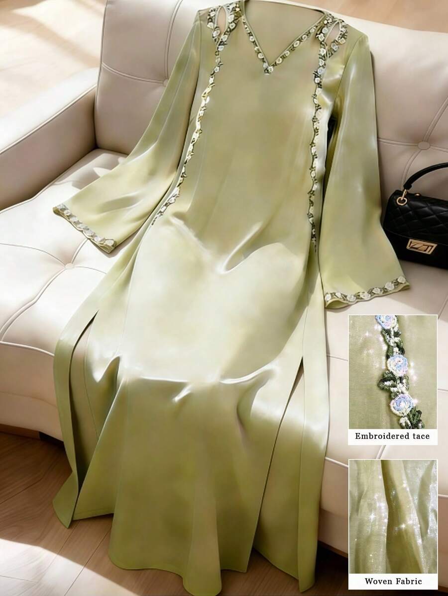 Al Najma Vestido largo de manga larga con diseño de cuello hueco, bordado pesado y ribete de encaje suelto en color verde francés para mujer