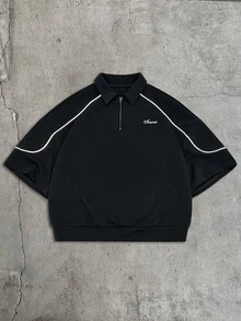 AXEPEAK Áo polo nam kiểu dáng thể thao thường ngày, in chữ, viền tương phản, khóa kéo nửa thân, thích hợp cho mùa hè. - màu đen - Xem 5