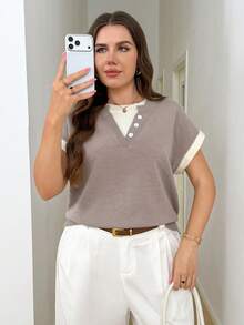 SHEIN LUNE Áo len dệt kim phối màu tương phản cỡ lớn - Màu Khaki - Xem 4