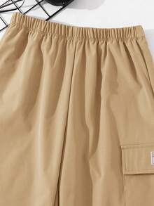 SHEIN Kids/Tween Boys' Khaki Summer Casual School Cargo Pants,Sports Graphic Print Patch Pocket Loose Tapered Solid Color Trousers,Daily Vacation Outfits - Khaki - View 4