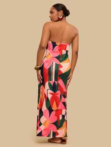 Travachic Plus Size Women's Tropical Print Strapless Dress, Stretchy Knit Long Dress For Summer Vacation - Multicolor - View 2