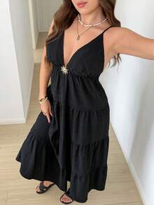 SHEIN LUNE Plus Size Women Metal Sun Decor Camisole Dress - Black - View 1