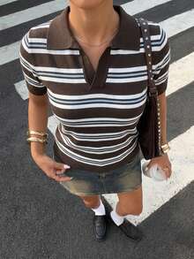 Muchica Women's Striped Casual Versatile Daily Wear Knit Short Sleeve Top Trending Outfit Search Popular Outfit Teacher Polo Tops For Women Office Polo Blouse For Women Casual - Multicolor - View 4