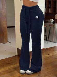 SHEIN EZwear 海军蓝女式刺绣针织喇叭裤 - 藏蓝色 - 查看 4