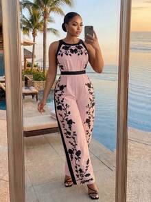 SHEIN Lady CURVE Plus Size Women Floral Print Backless Sleeveless Wide Leg Jumpsuit - Pink - View 7