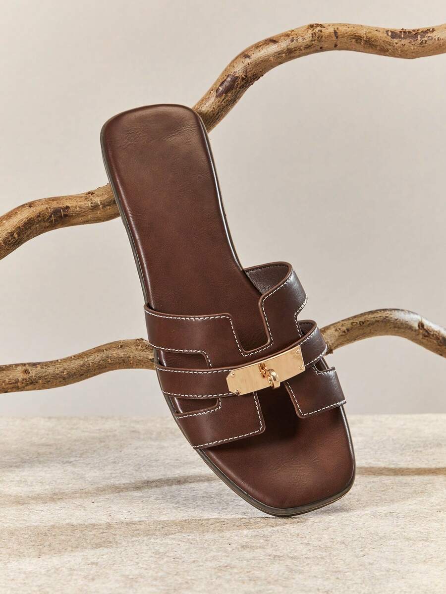 SHUZIA Dép xỏ ngón nữ đế vuông đế bệt phủ PU màu nâu cao cấp, khâu khóa vàng - Tinh tế, thanh lịch và thời trang - màu nâu - Xem 1