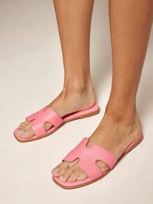 SHUZIA Dép lê nữ cao cấp, kiểu dáng sang trọng, hở mũi, họa tiết lá cọ tối giản, chất liệu giả da màu hồng đào, thích hợp cho mùa xuân, đi nghỉ mát, đi biển, quà tặng Ngày của Mẹ hoặc Giáng sinh. - Hồng - Xem 3