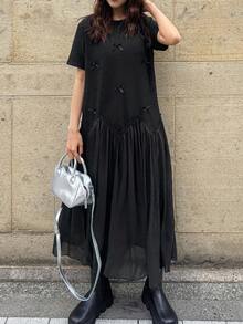 FRIFUL Đầm thun cổ tròn nữ phối lưới ở gấu, dáng rộng, trang trí nơ, dài, đầm maxi, đầm hè. - màu đen - Xem 1