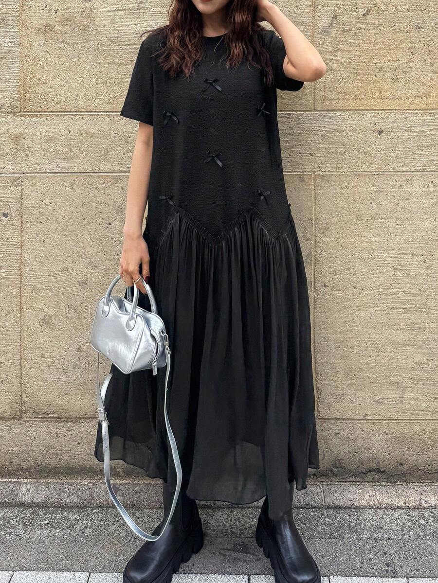 FRIFUL Đầm thun cổ tròn nữ phối lưới ở gấu, dáng rộng, trang trí nơ, dài, đầm maxi, đầm hè. - màu đen - Xem 1