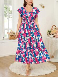 SHEIN Clasi 大码女式印花V领荷叶袖优雅长裙 - 彩色 - 查看 7