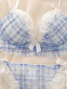 DelicateAllure 2pcs Plaid Underwire Molded Cup Underwire Lace Trim Multi-Tier Ruffle Bow Kawaii Cute Lolita Doll Fresh Adorable Comfy Balconette Bra Set For Women - Blue - View 7