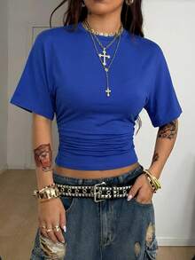 Coolane 夏季街頭風外出休閒 Y2K 深藍、灰色與白色收腰圓領 T-shirt 3件組，夏季上衣，Y2K 服飾 - 寶藍色 - 查看 4