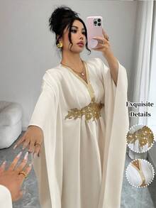 SHEIN Elenzya 金色滚边装饰优雅收腰修身舒适中长连衣裙，女士款 - 杏色 - 查看 5