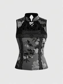 ROMWE Avant Atasan Tanpa Lengan Wanita Gaya Retro Cina Baru dengan Desain Bunga Jendela Taman, Motif Bunga, Kerah Mandarin - Grey - View 7
