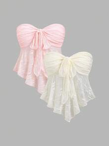 Sweetra 精致法式浪漫风格提花面料抹胸设计粉色杏色两件套，时尚性感修身度假派对可爱上衣，女士 - 彩色 - 查看 3