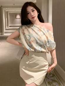DAZY Áo thun nữ in hoa, kiểu dáng thường ngày, đa năng, vai lệch. - Nhiều màu - Xem 4