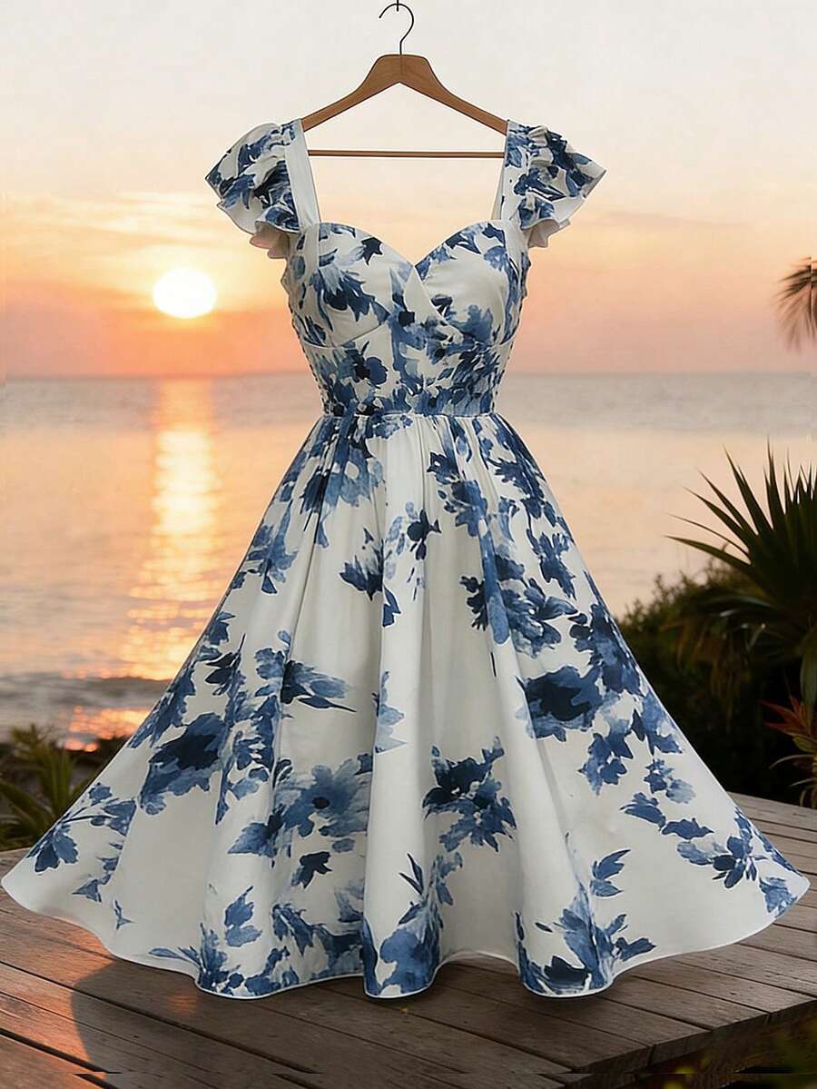 Modelyn Summer Beach Vacation Sweet & Fashionable Printed Cap Sleeve Backless Fitted Flared Hem Elegant Birthday Party Mini Dress For Women - Multicolor - View 1