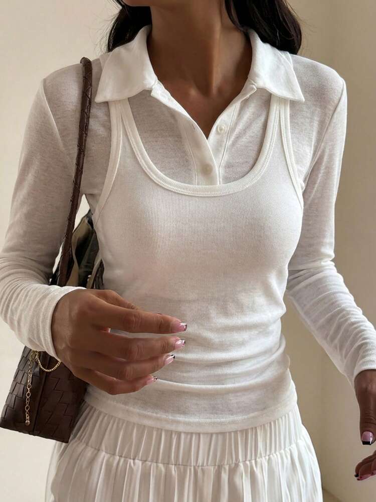 Women's Lightweight Solid Color Polo Shirt & Camisole 2 Pieces Set