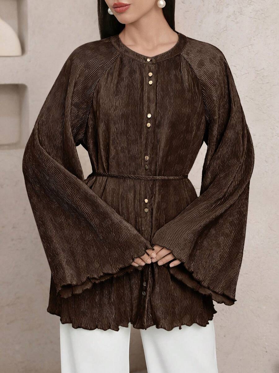 Veilorie New Textured Pleated Tie-Cinched Waist Elegant Versatile Daily Wear & Party Blouse