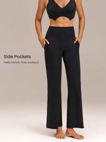 GLOWMODE 27英寸 Petite FeatherFit™ 轻松穿脱阔腿超高腰紧身裤，带口袋，适合瑜伽、普拉提、日常运动穿着 - 黑色 - 查看 4