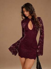 TRNVIE Summer Burgundy Autumn Elegant Seductive Night Out Lace Bodycon Dress,Vintage Mandarin Collar Hollow Out Flare Sleeve, Cocktail Party Dresses - Burgundy - View 7