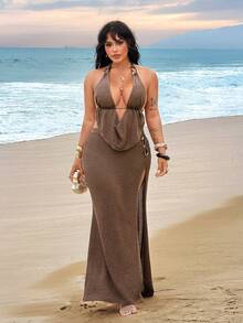 Rustia Plus Size Women's Sexy Summer Vacation Halter Top And Slit Skirt 2 Pieces Set - Brown - View 8