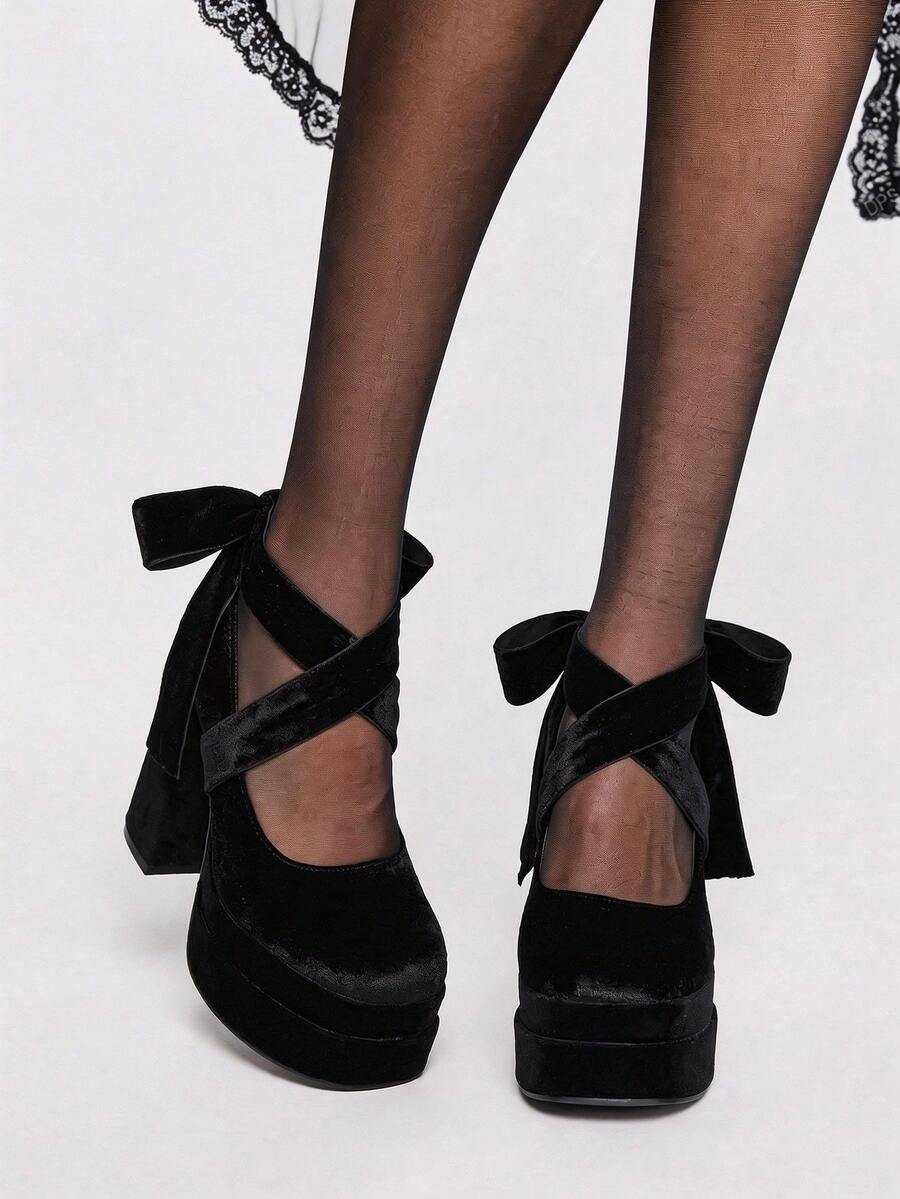 ROMWE Kawaii Women's Thick Sole Lace-Up Design High Heel Shoes, Suitable For Party Occasions,Platform Heels For Women - Black - View 1