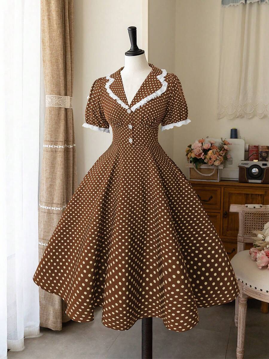 Sweetra Fashionable French Style Polka Dot V-Neck Short Sleeve Waist Cinched Dress - Brown - View 1