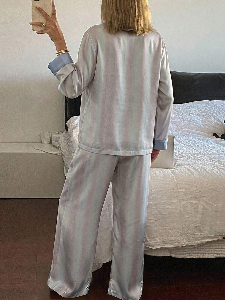 Elegant Unisex Satin Color Block Loose Pajama Set For Women