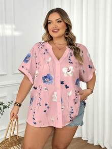 SHEIN CURVE+ Áo kiểu nữ cỡ lớn dáng rộng in hoa tay ngắn, thích hợp mặc mùa xuân/hè làm đồng phục giáo viên. - Hồng - Xem 4
