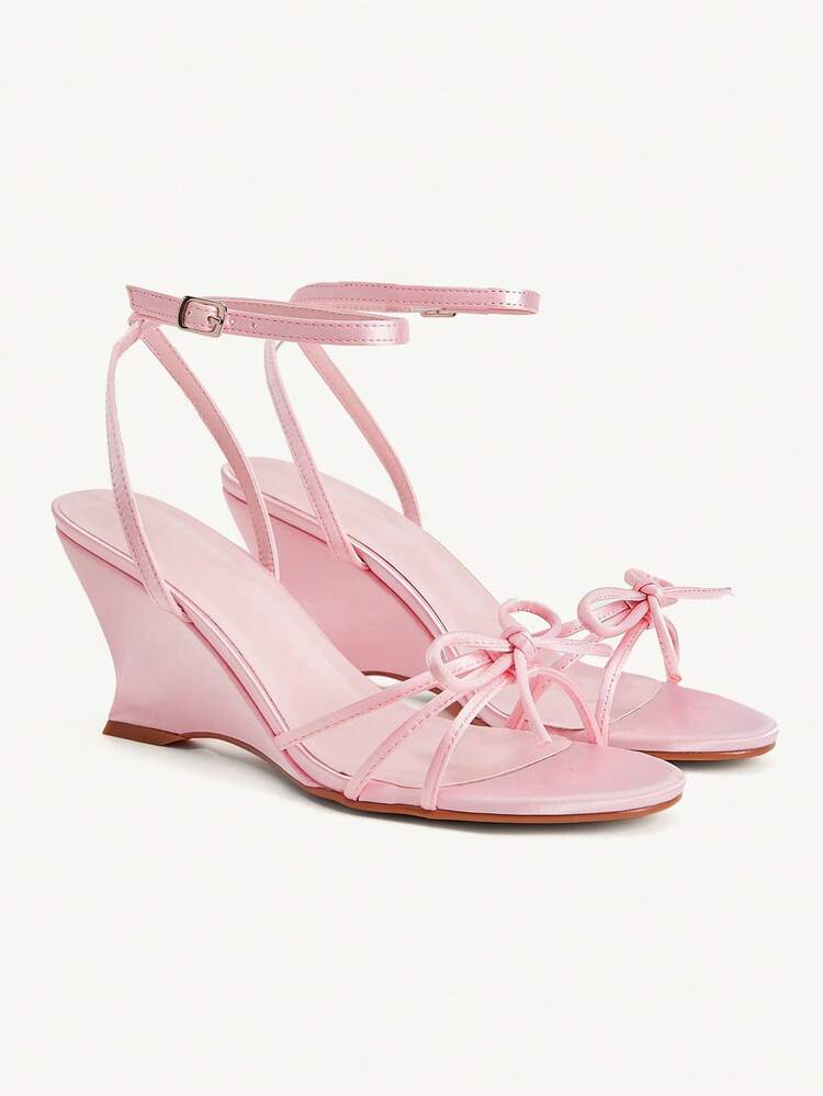 CUCCOO CHICEST Women Shoes Pink Satin Satin Bow Design Fashion Thin Strip Strap Daily Commute Ankle Strap Wedge Heel Sandals Summer Shoes