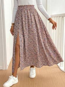 SHEIN Tall CURVE CURVE New Plus Size Women's Tall Girls Dusty Pink Summer Boho Everyday Holiday Ditsy Floral Side Slit Skirt,High-Waisted Vacation Skirts Vacation - Multicolor - View 9
