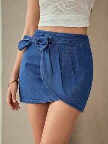 SHEIN LUNE Falda Vaquera Envuelta Con Lazo Decorado De Color Sólido - Azul - Ver 1