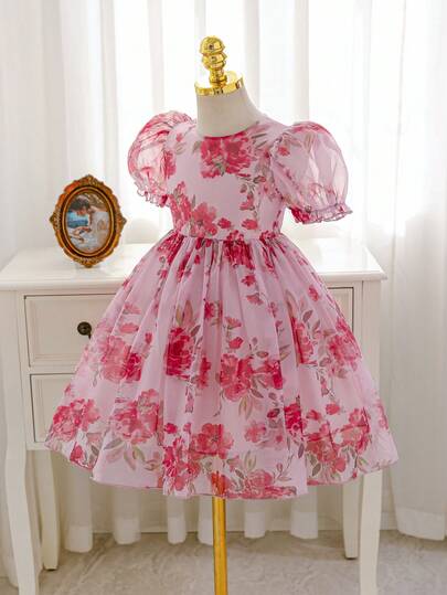 SHEIN Glamorique Kids Young Girls Elegant Charming Cute Pink Puff Sleeve Cinched Waist Luxurious Peplum Dress