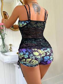 Swim Lushoire 女士沙滩装彩虹热带图案夏季套装，音乐节波西米亚风派对泳装 Lushore Tankini 两件套 - 紫色 - 查看 2