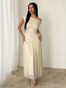 SHEIN PETITE This New Off-The-Shoulder Dress Features A Color-Blocked Mesh Embroidery Design, An Asymmetrical Hem, And An Extra-Long, High-Elasticity, Fitted Silhouette. Elegant And Romantic. - Apricot - View 1