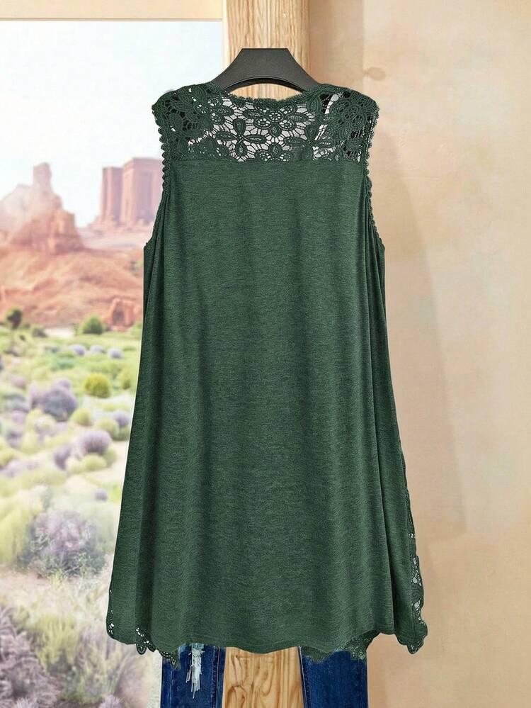 Plus Size Casual Solid Color Lace Patchwork Sleeveless Jacket Summer Dress Summer Outfits For Women Spring Clothing Spring Outfit Beach Outfits For Women Vacation Outfits Women Summer Holiday Outfits Country Style For Women