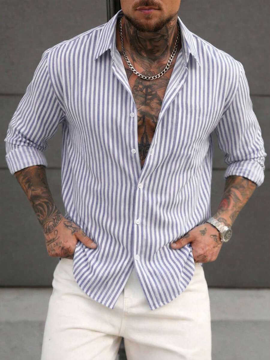 Manfinity Homme Áo sơ mi nam đơn giản kẻ sọc xanh trắng dệt kim - Xám - Xem 1