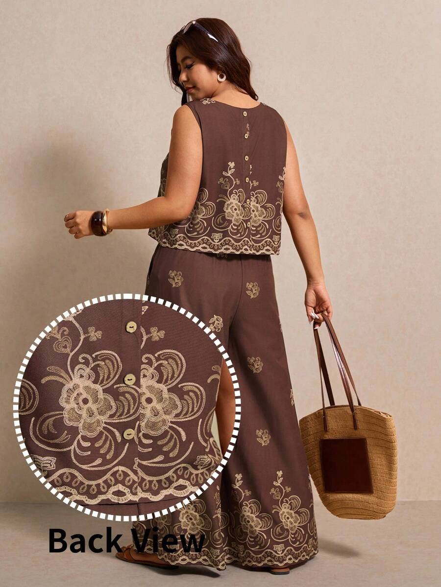 Elaquor Conjunto de 2 piezas de verano para mujer, blusa sin mangas con estampado retro y pantalones rectos, ropa casual de talla grande para vacaciones, ropa de playa, ropa de trabajo formal y atuendos de fiesta - Café integral - Ver 1