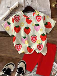 SHEIN 两件套女童休闲甜美夏季彩色草莓花卉印花圆领短袖T恤搭配紧身打底裤套装，适合日常穿着、度假、外出，Y2K风格，可爱，儿童舒适，儿童秋季时尚，秋季新款，花卉时尚，女童套装，两件套，价格实惠，时尚百搭，周末穿搭，儿童套装，轻松舒适，舒适的春夏风格，夏季，度假，波点 - 彩色 - 查看 2
