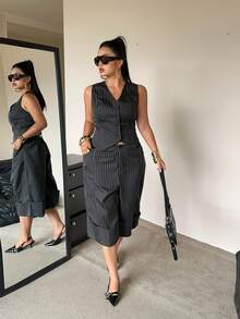 POPSWAY Bộ đồ hai mảnh thời trang thanh lịch mùa Xuân/Hè gồm áo ba lỗ kẻ sọc ôm dáng và quần lửng ống rộng cạp cao. - màu đen - Xem 5